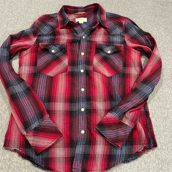 TNA Tops - Golden by Tna Plaid Flannel Shirt Medium Button Down Red Purple Pearl Snap